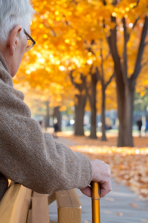 Golden Years, Serene Senior Citizen Relaxes on Park Bench, Enjoying Colorful Autumn Day with Cane.の素材