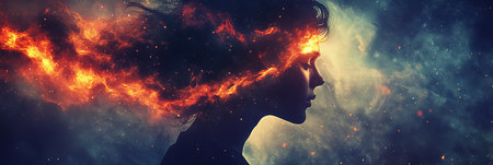 Woman, Silhouette, Particles Flowing From Hair On Cosmic Background, Conceptual Imageの素材