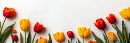 Colorful Springtime Greeting Vibrant Red, Orange and Yellow Tulips Arranged on a White Backgroundの素材