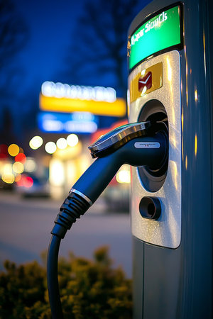 Electric Vehicle Charger, Urban Night Setting, Sustainable Transportation, Charging Stationの素材