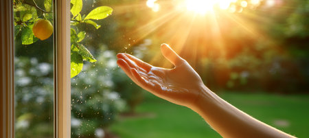 Hand Reaches For Sunlight Through A Window With A Lemon Tree And Backdrop Of a Green Garden.の素材