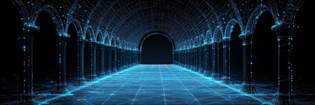 Digital Architecture. Futuristic archway in glowing blue network space, an abstract 3D illustrationの素材