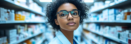 Confident African American Pharmacist with Glasses in a Busy Pharmacy, Blurred Backgroundの素材