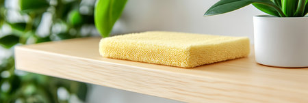 Yellow Cleaning Cloth on a Wooden Shelf Minimalist home cleaning in progress with copy spaceの素材