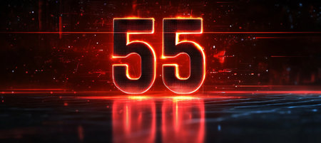 Glowing Futuristic Digital Number 55 on an Abstract Red and Blue Cybersecurity Technology Backgroundの素材