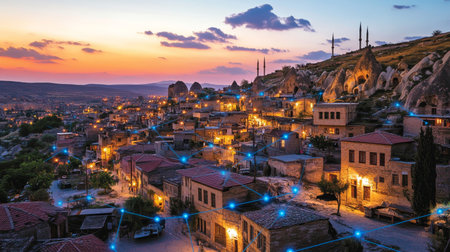 Ancient Cityscape of Cappadocia Illuminated at Dusk, Connected by a Network of Blue Dotsの素材