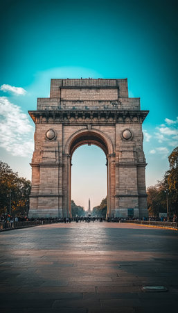 The Majestic India Gate, a Stunning Triumphal Arch and War Memorial in New Delhi, India.の素材