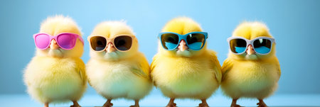 Four Adorable Yellow Chicks Wearing Pastel Sunglasses on Blue Background, Easter Conceptの素材