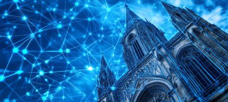 Gothic Revival Architecture Intricate Design of Notre-Dame Basilica Enveloped in Digital Networkの素材