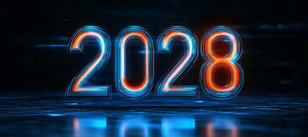 Glowing Digital 3D Numbers 2028 in a Futuristic Style on a Dark Digital Abstract Backgroundの素材