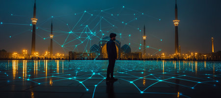 Digital network skyline, cyber tech shrine architecture, Imam Reza holy network connections.の素材