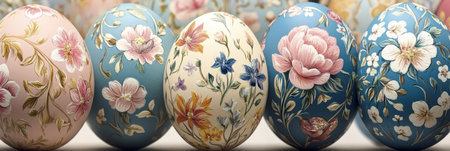 Exquisite Easter Egg Collection Decorated with Vibrant Floral Designs. Artistic Holidayの素材