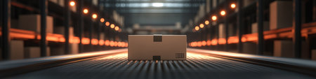 Single Cardboard Package Travels Alone Along Conveyor Belt Through Warmly Lit Distribution Warehouseの素材