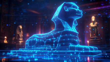 Blue Wireframe Of Ancient Egyptian Sphinx Reclining Majestically In A Temple, Digital Visualizationの素材