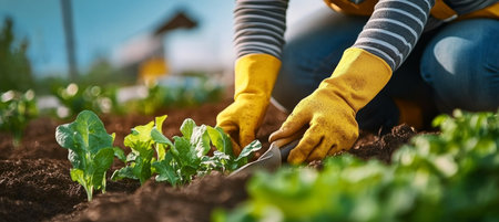 Gardener Carefully Plants Seedlings in Fertile Soil, Home Gardening and Sustainabilityの素材