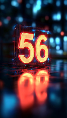 Glowing Digital 3D Number 56 in Futuristic Style with Digital Abstract Background and Reflectionsの素材