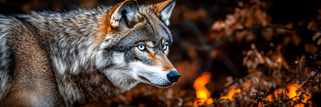 Intense Gaze of a Wild Wolf Portrait with Striking Blue Eyes, Textured Fur, and Fiery Backgroundの素材