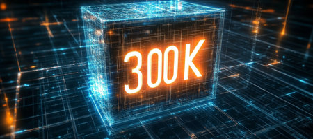 Glowing Digital 3D Number 300k in Futuristic Style on Digital Abstract Background with Circuit Boardの素材