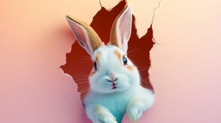 Curious White Bunny Peeking Through Pastel Wall, Easter Greeting Card, Spring Festivitiesの素材