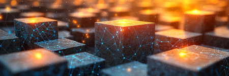 Abstract Glowing Cubes Connected by Lines and Dots, Representing Network, Technology, and Dataの素材