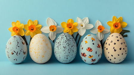 Easter Composition. Colorful Decorated Eggs and Yellow Daffodils on Blue Background.の素材