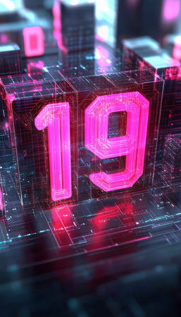 Glowing Digital 3D Number 19 on Futuristic Technology Background with Circuitry and Neon Lightsの素材