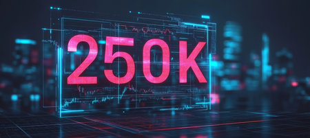 Glowing 3D Number 250k on Futuristic Abstract Background, Cityscape, Achievement, Milestoneの素材