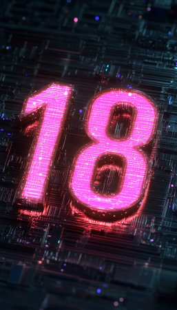 Pink Glowing Number 18 On Futuristic, Cyberpunk Style Technology Background 3D Illustration.の素材