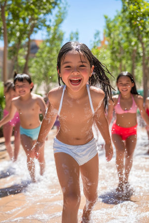 Group Of Diverse Children Running Through Water At Splash Pad Having Fun On Sunny Dayの素材