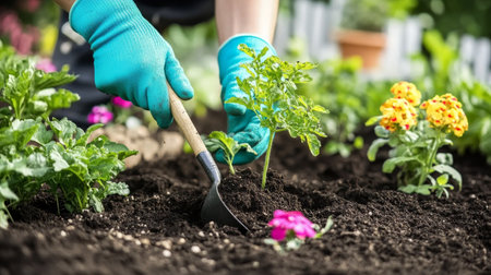 Woman s Hands Planting Seedlings in Fertile Soil, Gardening, Horticulture, Spring Planting.の素材