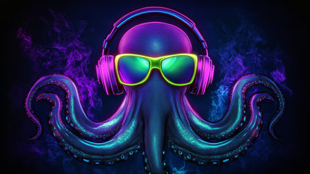 Neon Party Octopus DJ Cool Cephalopod with Headphones and Sunglasses on Dark Backgroundの素材