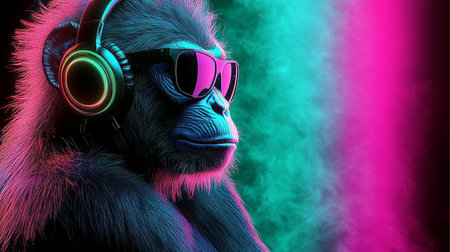 Neon Party DJ Monkey Cool Primate with Headphones and Sunglasses on Vibrant Backgroundの素材