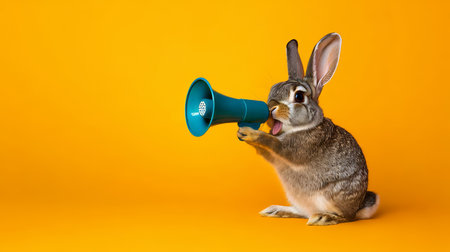 Adorable Bunny Rabbit Holding a Green Megaphone on a Yellow Background, Advertising, Announcementの素材