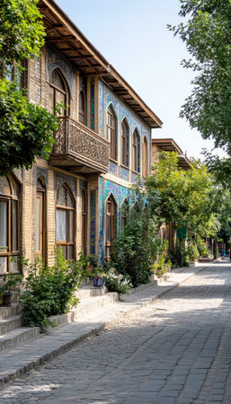 Historic Charm of a Traditional Iranian Street with Ornate Facades and Lush Greenery, Tehranの素材