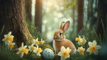Cute Little Bunny Celebrating Easter in a Forest Setting Surrounded by Daffodils at Sunriseの素材