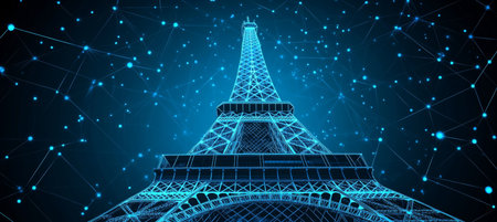 Eiffel Tower Digital Outline, Blue Network Background, Paris Landmark, France Architectureの素材