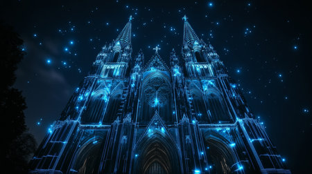 Gothic Cathedral Architecture in Futuristic Digital Network Style, Blue on a Starry Nightの素材
