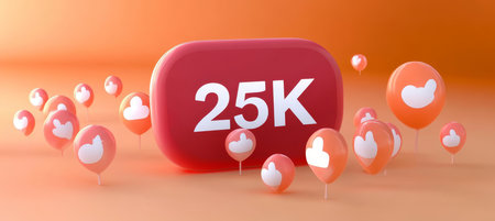 3D Render of a Social Media Notification With the Text 25K Surrounded by Like Buttonsの素材