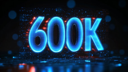 Futuristic Style Glowing 600K Celebration with Red and Blue Lights on a Digital Abstract Backgroundの素材