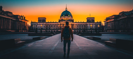 Berlin Tourist Visiting illuminated Reichstag Building at sunset, Germany Parliament Houseの素材