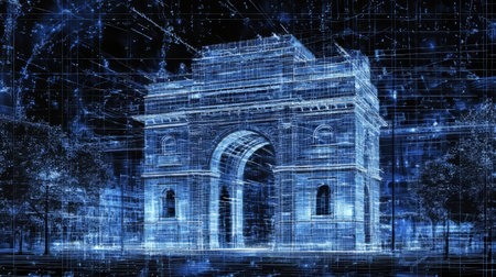 The Gateway of India as a Digital Network Outline Symbolizing Technology, Mumbai, India.の素材