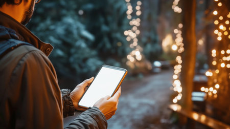 Man checking blank smartphone screen outdoors in winter. Urban lifestyle with technology concept.の素材