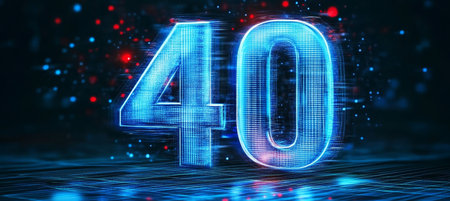 Glowing Futuristic Number 40 on Digital Matrix Background, Celebration or Anniversary Bannerの素材
