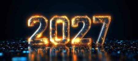 Glowing Digital 3D Number 2027 on a Dark Background with a Futuristic, Technological Aesthetic.の素材