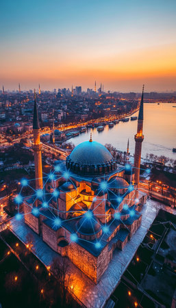 Hagia Sophia Connected Illuminated Mosque at Sunset with Futuristic Network Visualization, Istanbulの素材