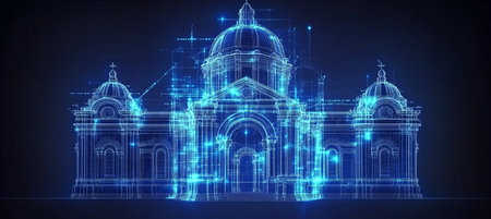 Historic Architectural Cathedral Structure Rendered as a Blue Digital Network Outline.の素材