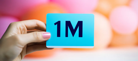 Close-Up Of Hand Holding A One Million Subscriber Celebration Card Against Festive Backdropの素材