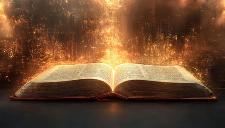 Open Ancient Book With Magic Light Glowing From Pages, Representing Knowledge And Wisdomの素材