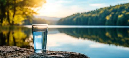 Sunset Reflections Glass of Water on Rock by Tranquil Lake With Stunning Golden Lightの素材