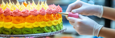 Closeup Of Baker s Hands Decorating Tasty Colorful Cake With Piping Bag In Pastry Shopの素材